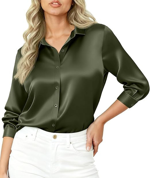 Damen Seidiges Satin-Blusenshirt mit Hemdkragen und dreiviertel Ärmeln Drune