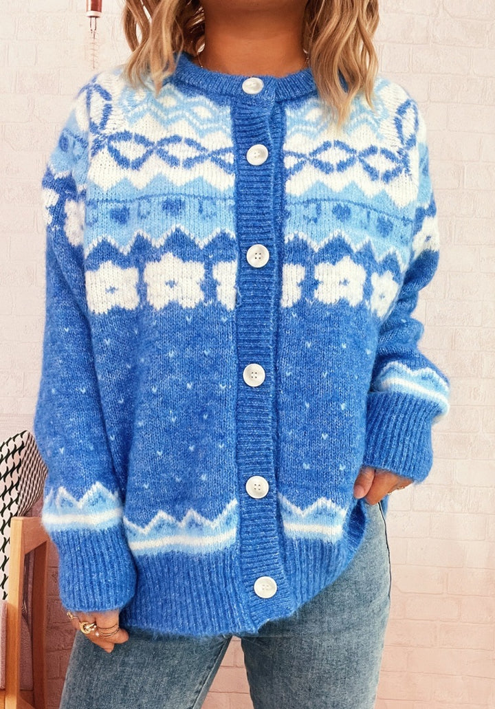 Damen gemütliche Strickjacke mit blauen Mustern und Knopfverschluss Drune