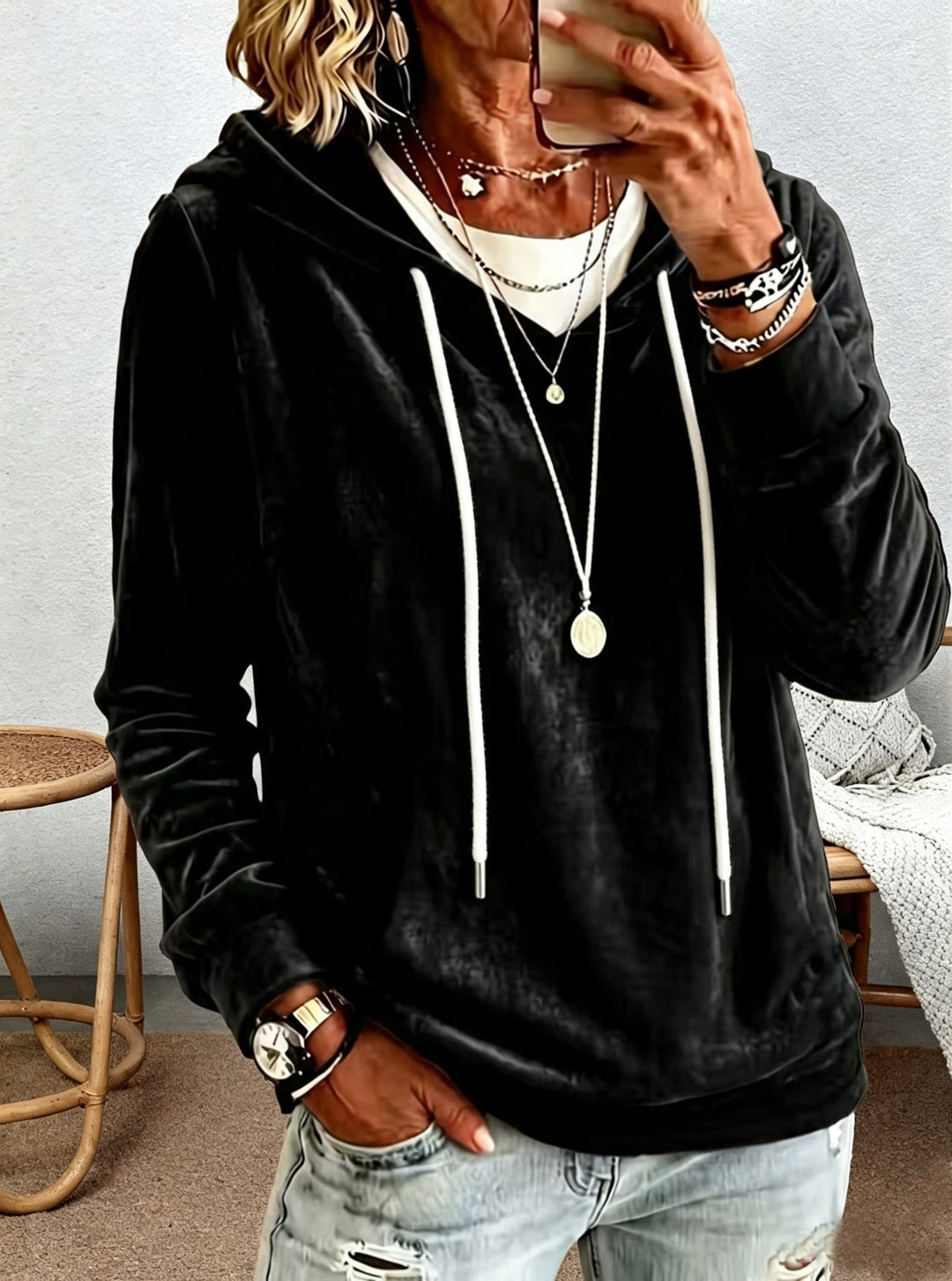 Damen Samtvelours-Hoodie mit Kordelzug und lässiger Oversize-Passform Drune