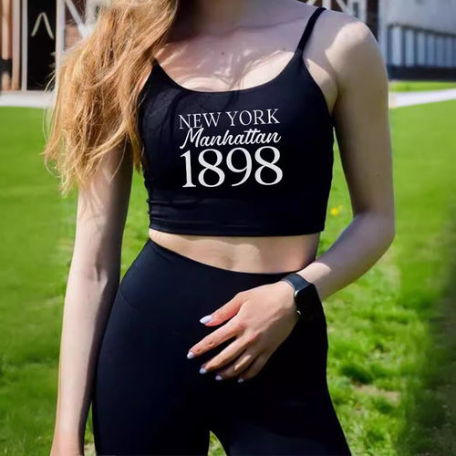 Damen Crop-Top mit kreativem Schriftzug und feinen Trägern Drune