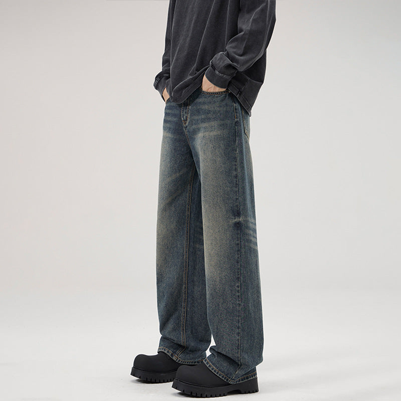 Herren Weite Stonewashed Denim-Jeans mit geradem Ultraweitem Bein Drune