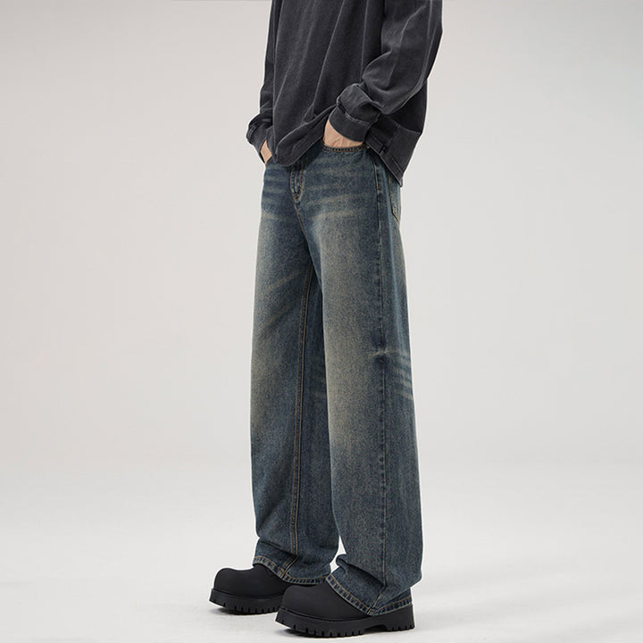 Herren Weite Stonewashed Denim-Jeans mit geradem Ultraweitem Bein Drune