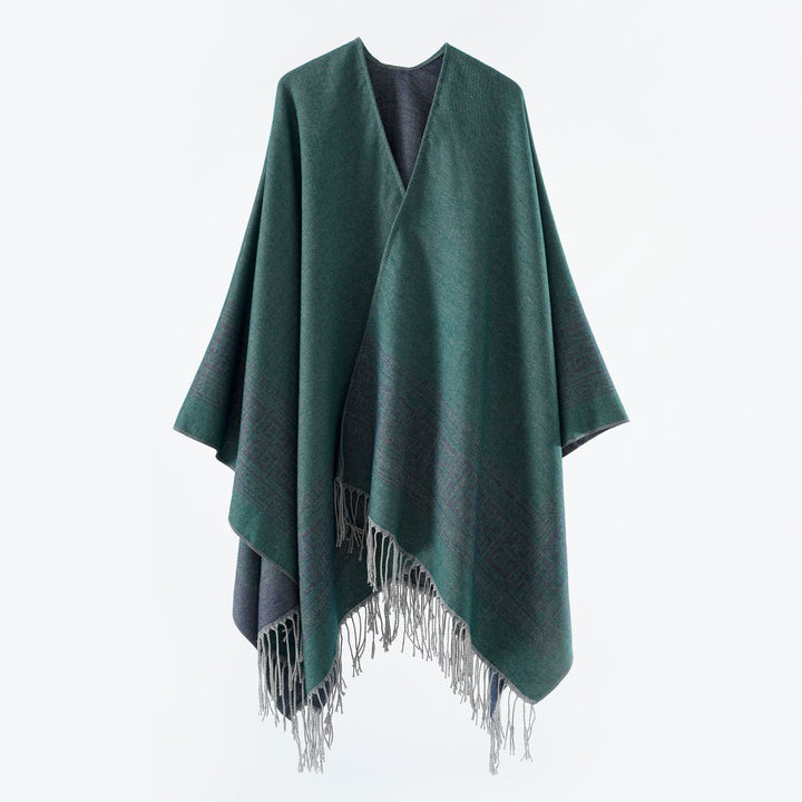 Damen Reversibler Wollmix‑Überwurf im Kimono‑Fall mit ornamentaler Bordüre und Zierfransen Drune