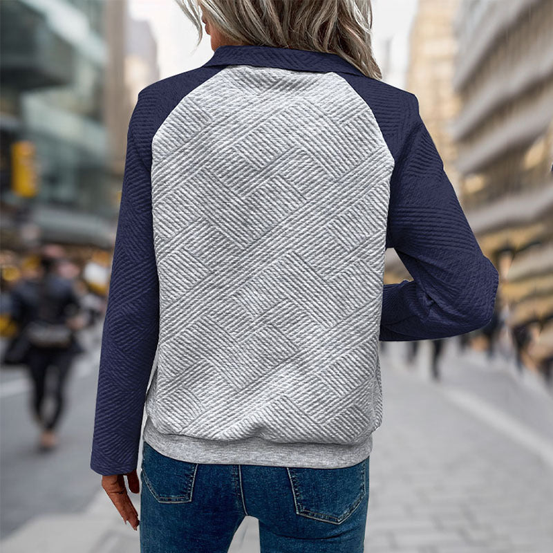 Damen Stepp-Sweatshirt mit Henley-Knopfleiste, Kängurutasche und kontrastierenden Raglanärmeln Drune