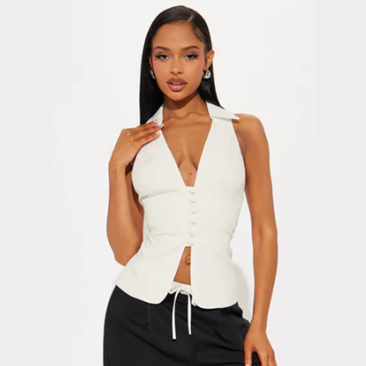 Damen elegantes ärmelloses Top mit figurbetontem Schnitt und stylischem Kragen Drune