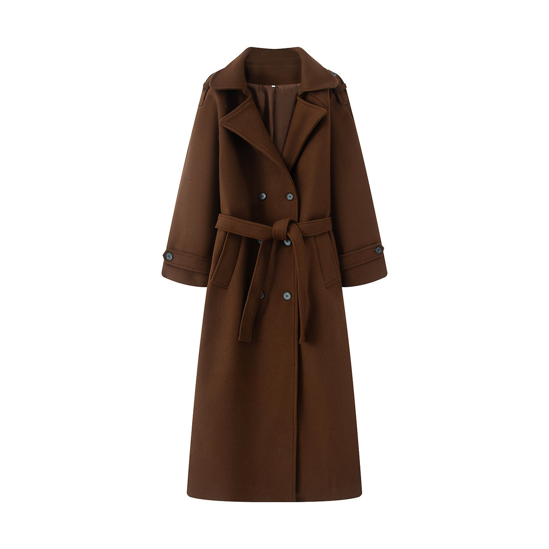 Damen nan langer Wollmix-Trenchcoat mit Schalkragen Taillengürtel und doppelreihiger Knopfleiste Drune