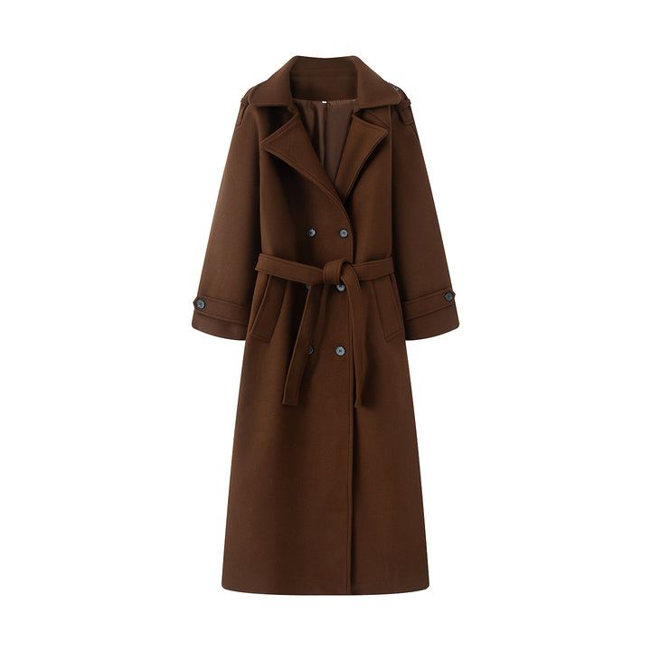 Damen nan langer Wollmix-Trenchcoat mit Schalkragen Taillengürtel und doppelreihiger Knopfleiste Drune