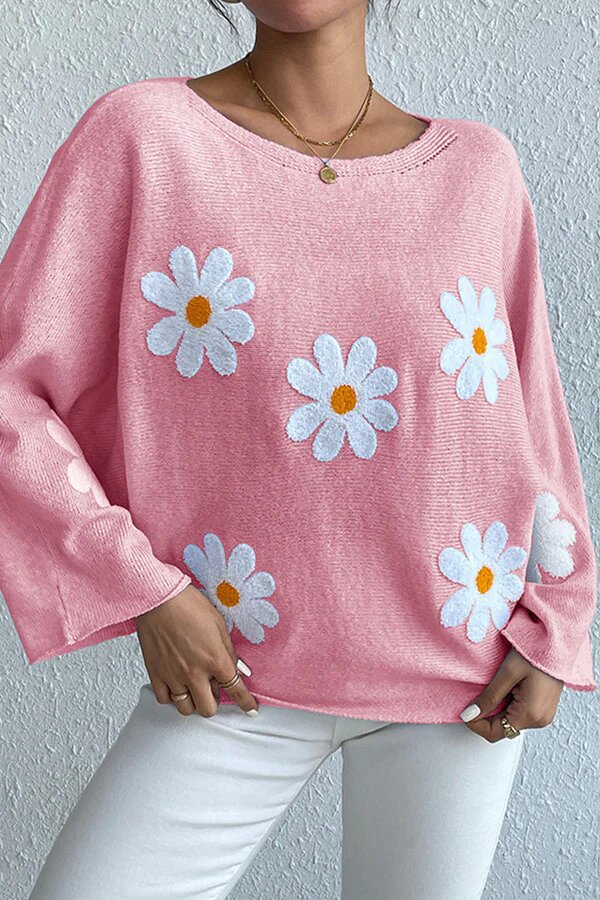 Damen Strickpullover mit verspieltem Blumendesign und weitem Schnitt Drune