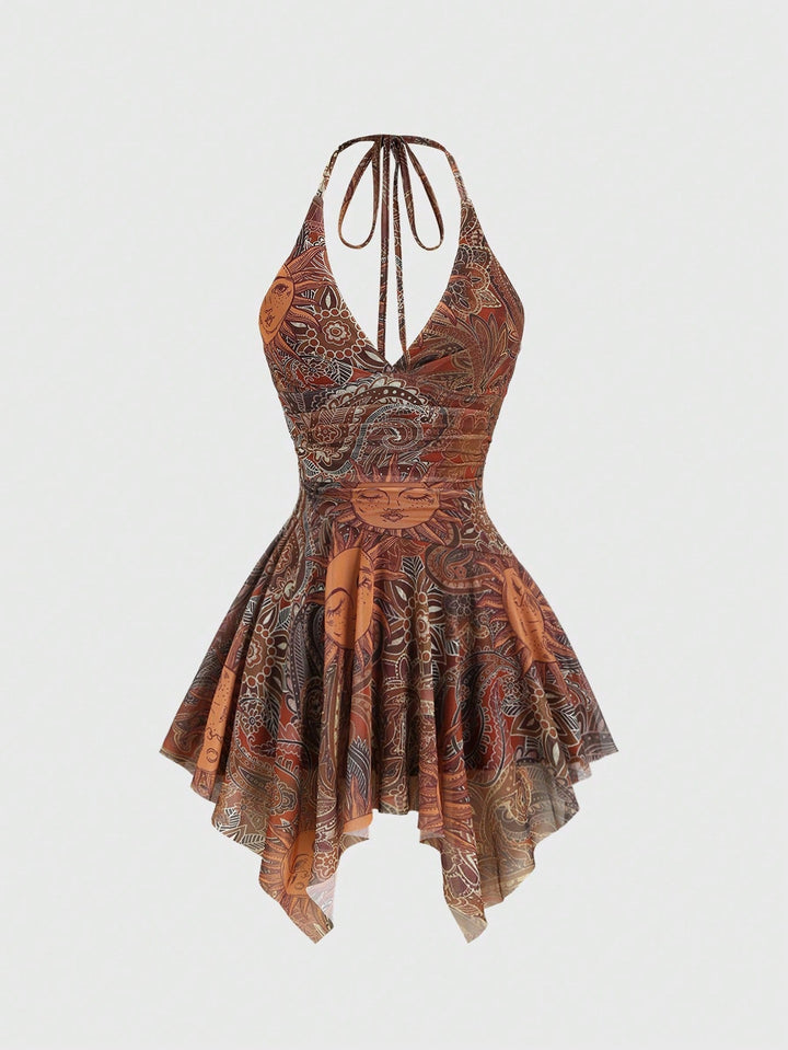 Damen lässiges Strandkleid mit asymmetrischem Saum und raffiniertem Druck Drune