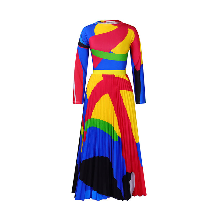 Damen Maxikleid mit modernem Grafikdesign und eleganter Plissee-Optik Drune