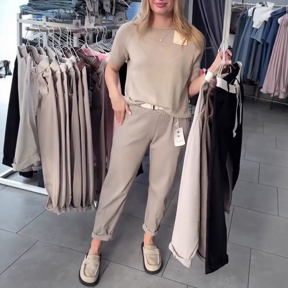 Damen nan lässige Baumwoll-Chino mit elastischem Komfortbund, Umschlag und Ziergürtel Drune