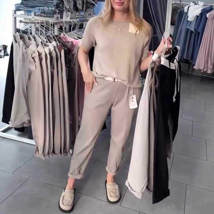 Damen nan lässige Baumwoll-Chino mit elastischem Komfortbund, Umschlag und Ziergürtel Drune