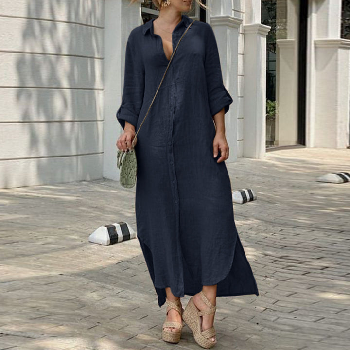 Damen Hemdblusenkleid mit durchgehender Knopfleiste, seitlichen Schlitzen und 3/4-Ärmeln Drune