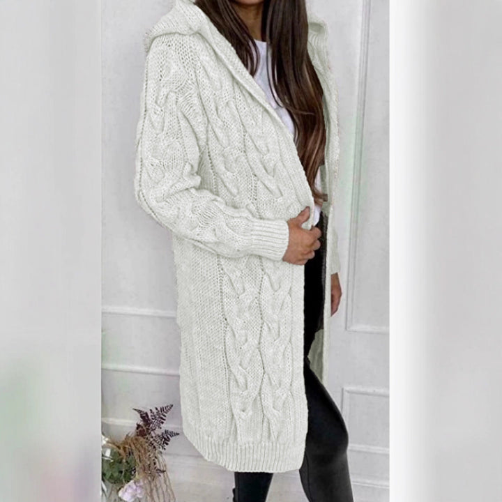 Damen lange Strickjacke mit Kapuze und Zopfdesign Drune