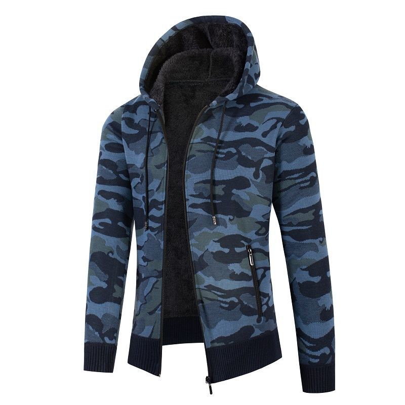 Herren Kapuzen‑Strickjacke mit Teddyfutter, Reißverschluss und Camouflage‑Struktur Drune