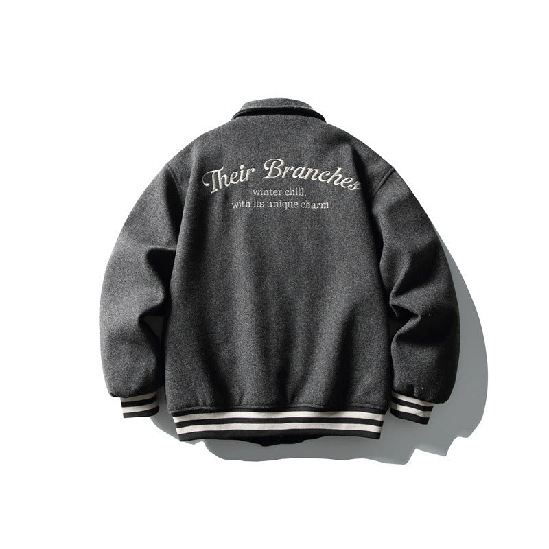 Herren Boxy College‑Blousonjacke aus Wollmix mit Druckknopfverschluss und gestreiften Rippbündchen Drune