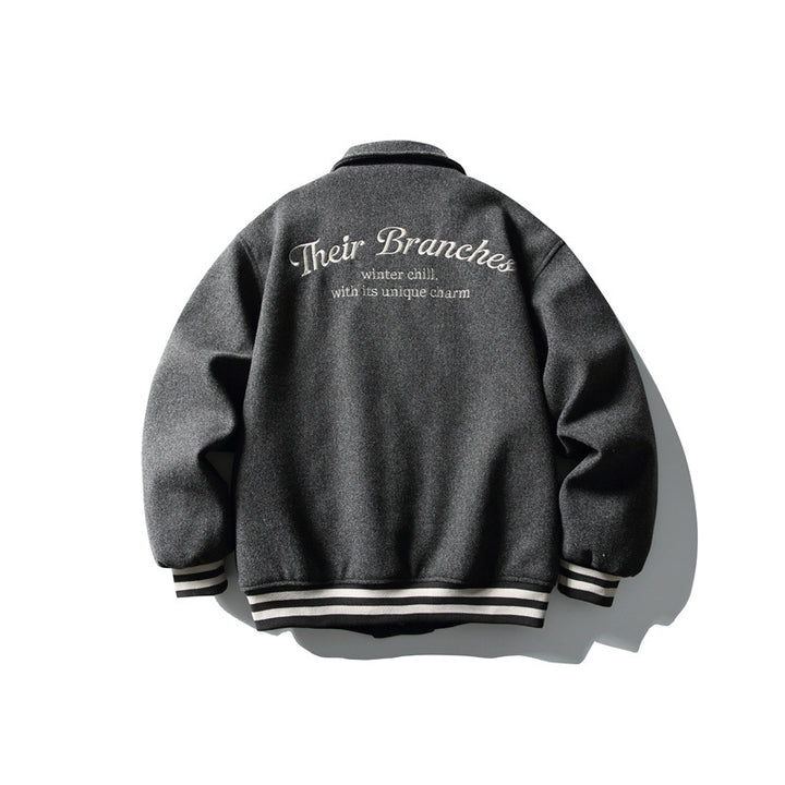 Herren Boxy College‑Blousonjacke aus Wollmix mit Druckknopfverschluss und gestreiften Rippbündchen Drune