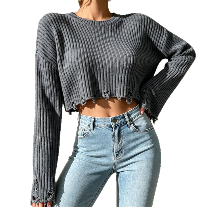 Damen Kurzgeschnittener gerippter Strickpullover mit ausgefranstem Saum Drune