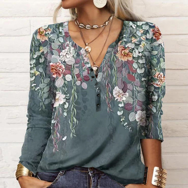 Damen Lockeres Langarm‑Henleyshirt mit V‑Ausschnitt, Knopfleiste und Ombre‑Print Drune