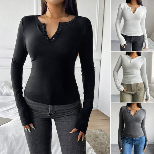 Damen nan tailliertes Henley-Longsleeve mit Stretchjersey und Daumenloch Drune