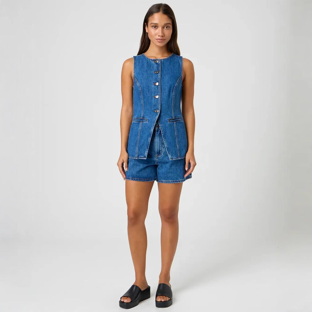 Damen Jeansweste mit tailliertem Schnitt und praktischen Taschen Drune