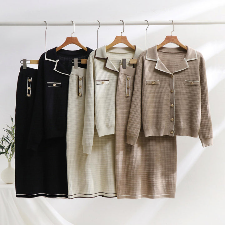 Damen elegantes Strickensemble mit dekorativem Kragen und aufgesetzten Taschen Drune