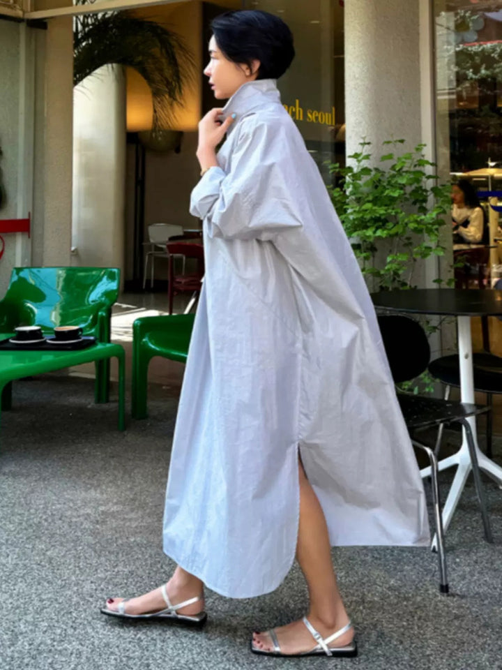 Damen Fließendes Oversize‑Hemdkleid mit Kentkragen, Kimonoärmeln und Seitenschlitzen Drune