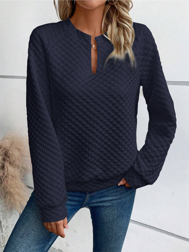 Damen Gestepptes Sweatshirt mit Schlitzkragen, Rautenstruktur und Raglanärmeln Drune