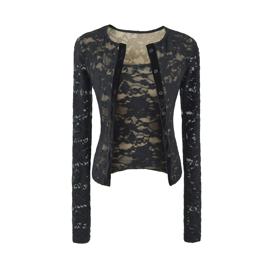 Damen Feiner Spitzen-Cardigan mit passendem Untertop und Samtbesatz Drune