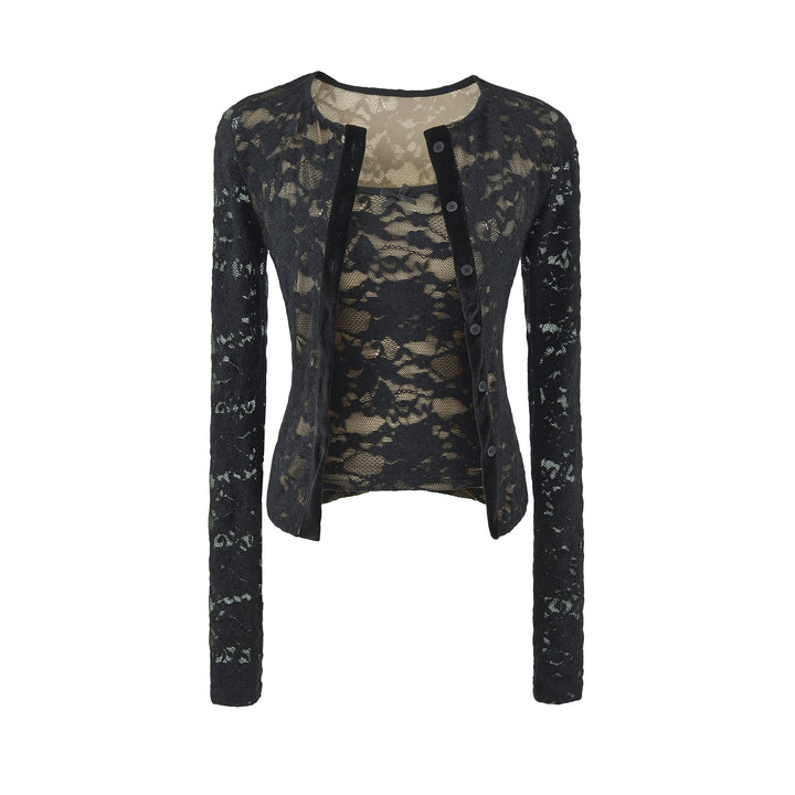 Damen Feiner Spitzen-Cardigan mit passendem Untertop und Samtbesatz Drune