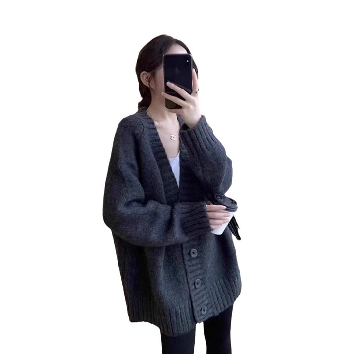 Damen Oversized Strickjacke mit tiefem V-Ausschnitt und Knopfdetails Drune