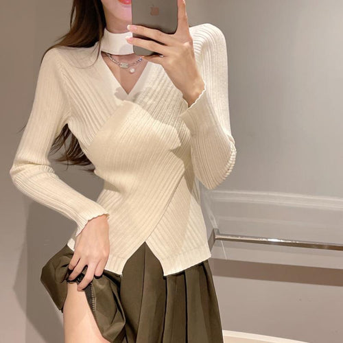 Damen elegantes Wickeloberteil aus geripptem Strickmaterial Drune