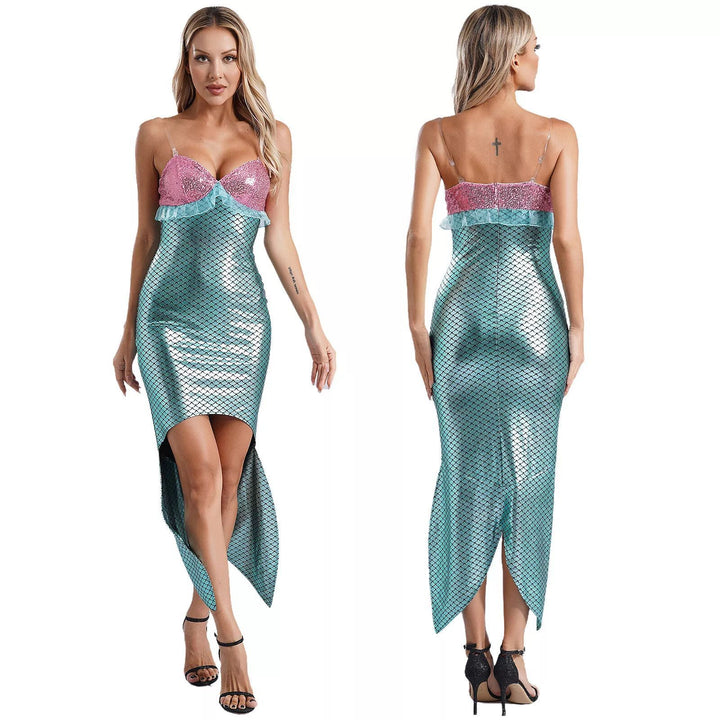 Damen Glamouröses Meerjungfrau-Kleid mit asymmetrischem Saum und schimmerndem Oberteil Drune