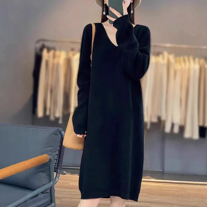 Damen gemütliches Strickkleid mit V-Ausschnitt und lässigem Schnitt Drune