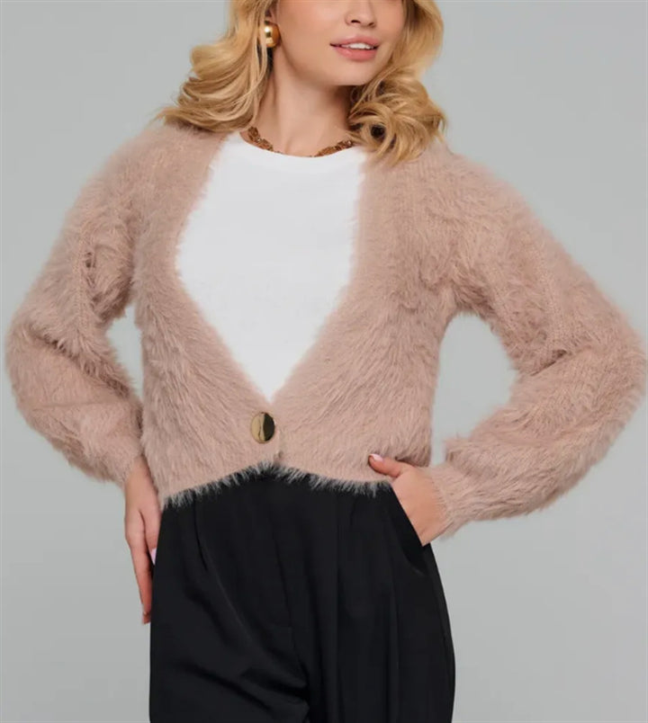 Damen Kurze flauschige Kunstfell-Cardigan mit offenem Schnitt und Raglanärmeln Drune