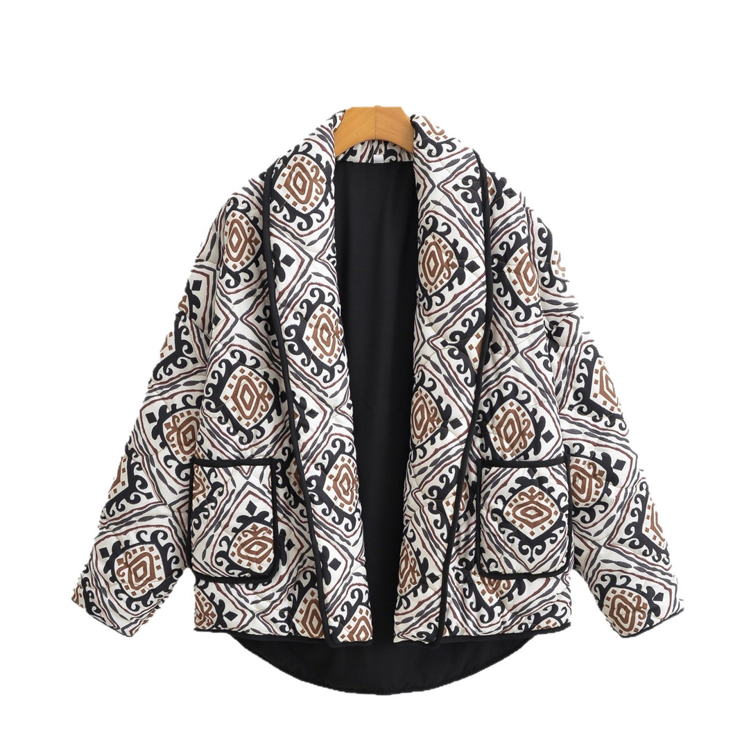 Damen Gesteppte Kimono-Jacke mit Ethno-Print, Kontrastpaspel und aufgesetzten Taschen Drune
