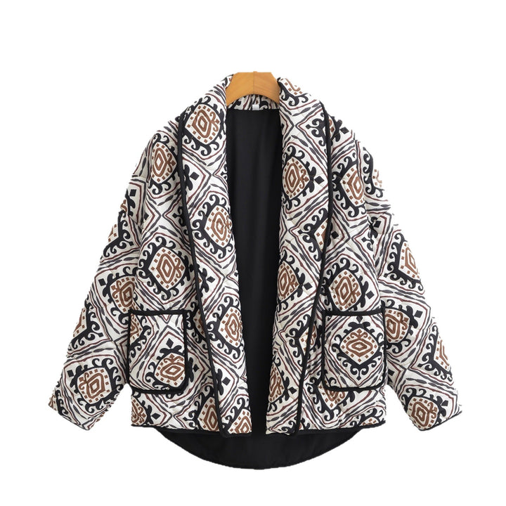 Damen Gesteppte Kimono-Jacke mit Ethno-Print, Kontrastpaspel und aufgesetzten Taschen Drune