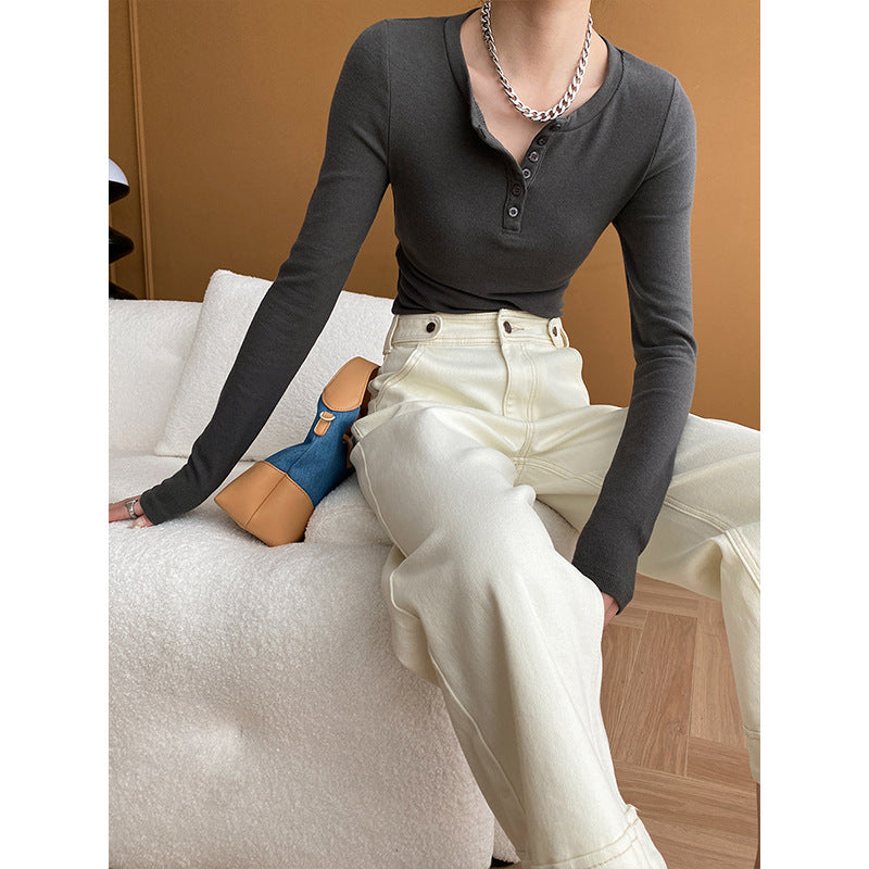 Damen Langarmshirt mit Knopfleiste im casual Stil Drune