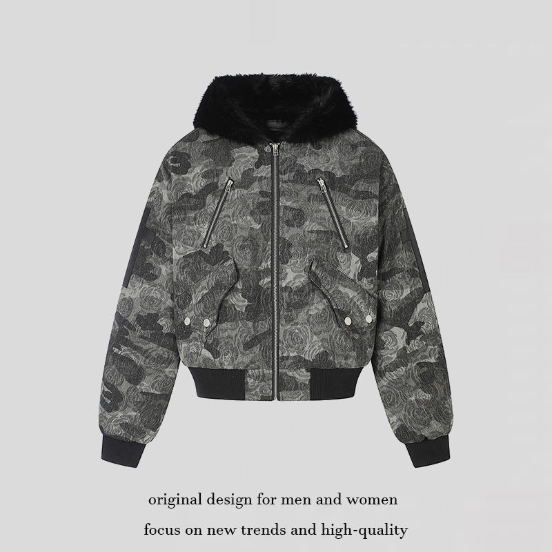 Damen wattierte Bomberjacke mit Kunstfellkapuze, Rosen‑Jacquard und Zipper‑Details Drune