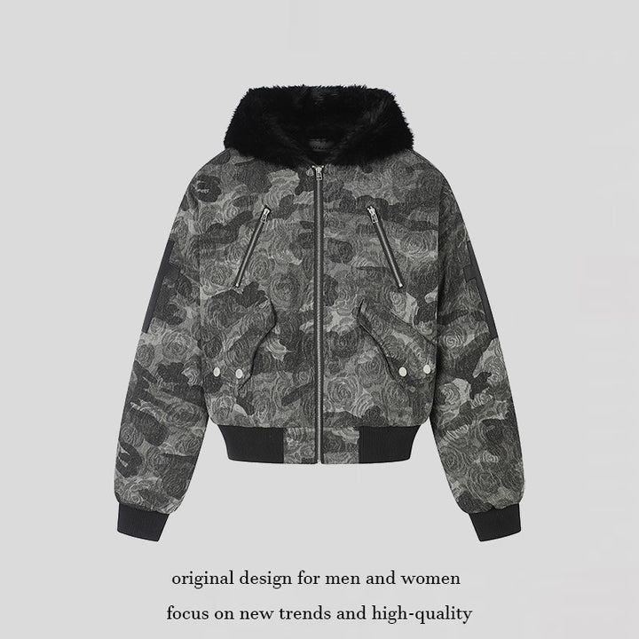 Damen wattierte Bomberjacke mit Kunstfellkapuze, Rosen‑Jacquard und Zipper‑Details Drune