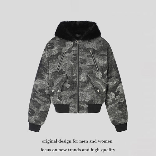 Damen wattierte Bomberjacke mit Kunstfellkapuze, Rosen‑Jacquard und Zipper‑Details Drune