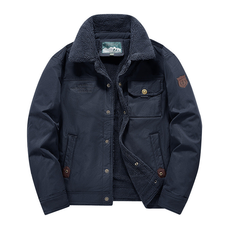 Men's  rugged sherpa-lined canvas chore jacket with stand collar and button-flap chest pocket Drune