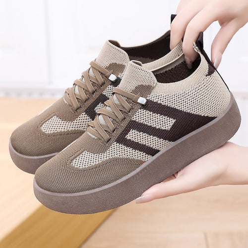 Damen nan gestrickter Slip-On Plateau-Sneaker mit elastischem Sockenschaft, dekorativer Zierstreifen und dämpfender EVA-Leichtsohle Drune