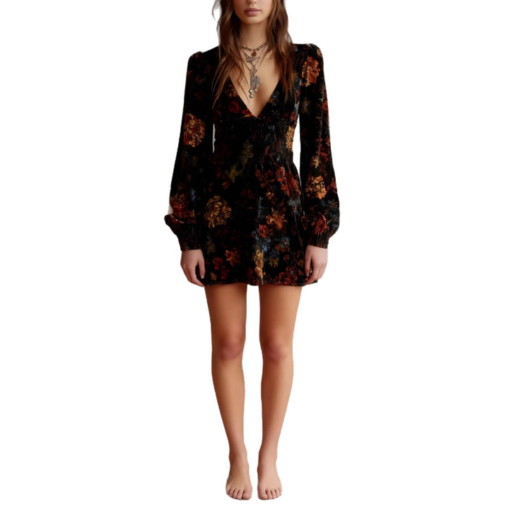 Damen Mini-Kleid mit tiefem V-Ausschnitt und Blumenmuster Drune
