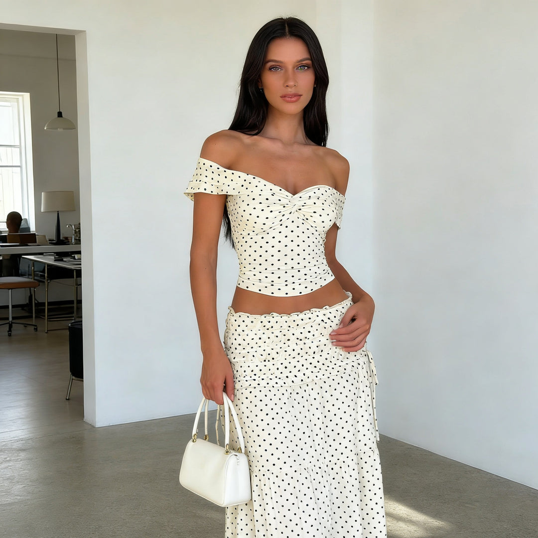 Damen Zweiteiliges Polka-Dots Set mit schulterfreiem Oberteil und schwingendem Rock Drune