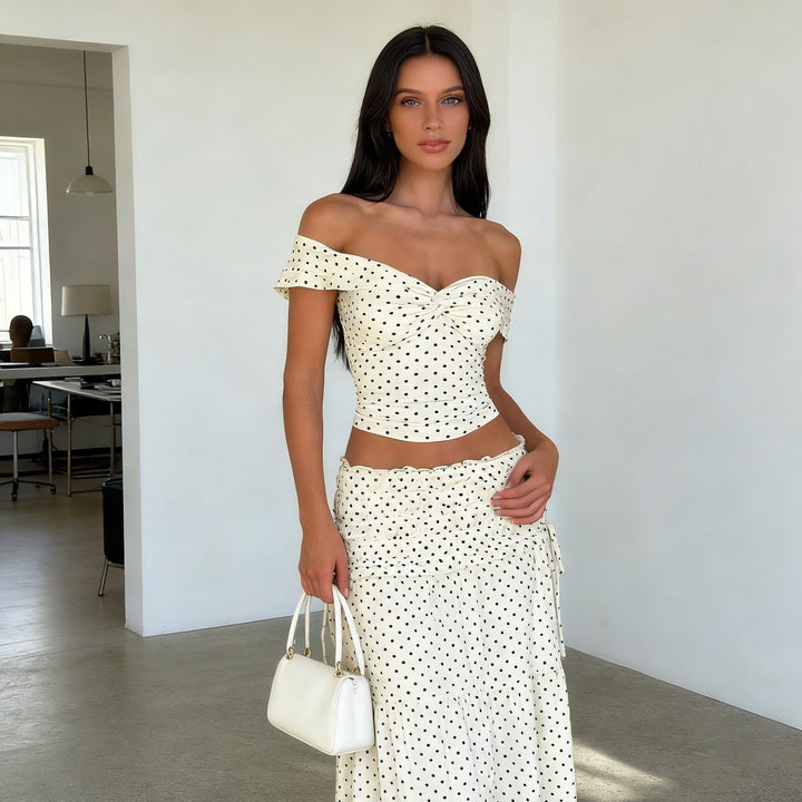 Damen Zweiteiliges Polka-Dots Set mit schulterfreiem Oberteil und schwingendem Rock Drune