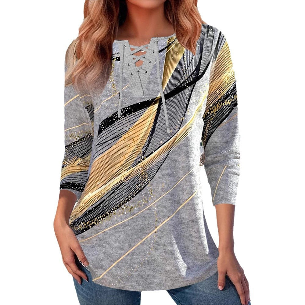 Damen nan Schnürkragen-Longshirt mit dreiviertel-Ärmeln und grafischem Metallic-Print Drune