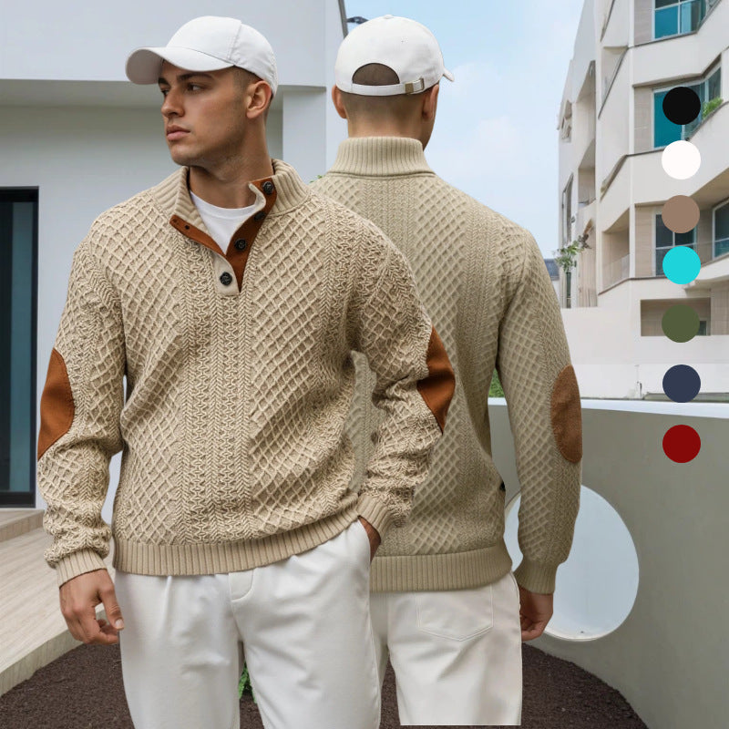 Herren Troyer-Pullover mit Stehkragen, strukturierter Strickoptik und Kontrast-Ellbogenpatches Drune