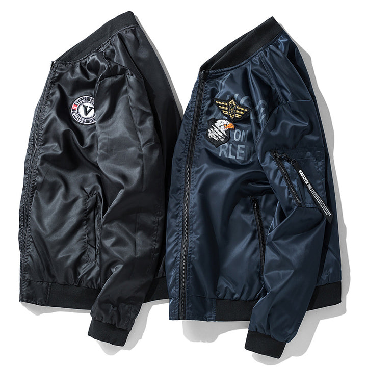 Herren Modische Bomberjacke mit Kunstleder und Stickereien Drune
