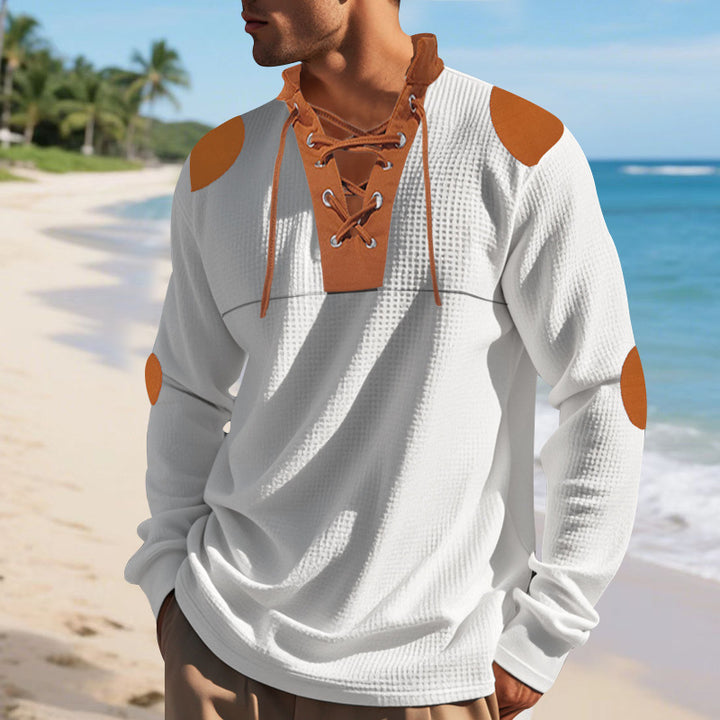 Herren lässiges Langarm-Henley-Shirt mit ausgefallenem Schnürdesign und kontrastrierenden Ellenbogen-Patches Drune